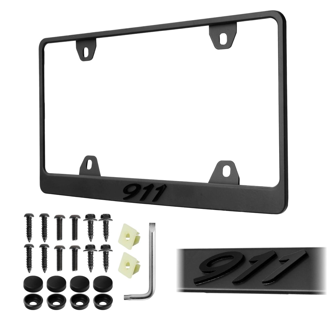 Porsche 911 Models Stealth Matte Black Powder Coat License Plate Frame with 3D Raised Black or Silver Letters