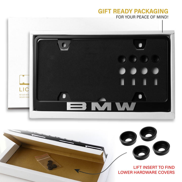 BMW Models Stealth Matte Black Powder Coat License Plate Frame with 3D Raised Black or Silver Letters

#style_alloy-silver-bmw