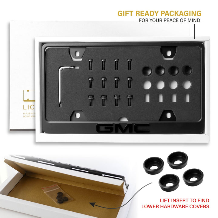 GMC Stealth Black Powder Coat License Plate Frame with 3D Raised Letters