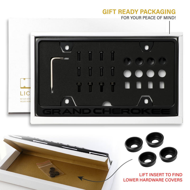 Jeep Grand Cherokee Stealth Black Powder Coat License Plate Frame with 3D Raised Letters