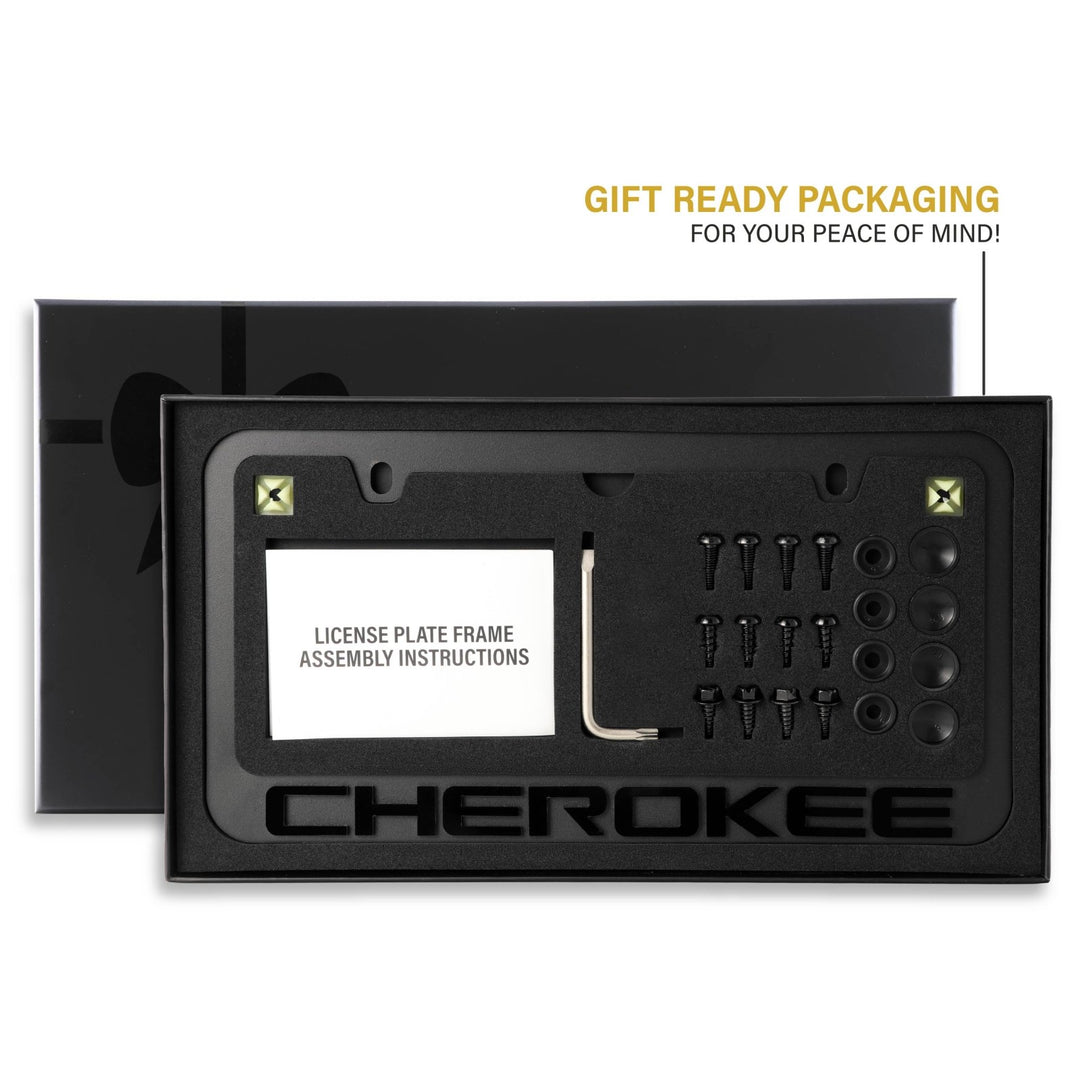 Jeep Cherokee Stealth Black Powder Coat License Plate Frame with 3D Raised Letters