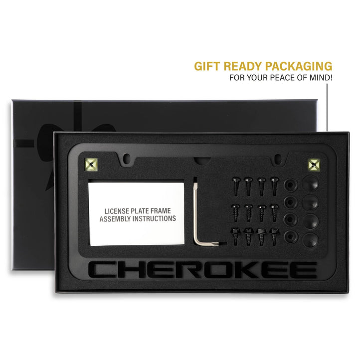 Jeep Cherokee Stealth Black Powder Coat License Plate Frame with 3D Raised Letters