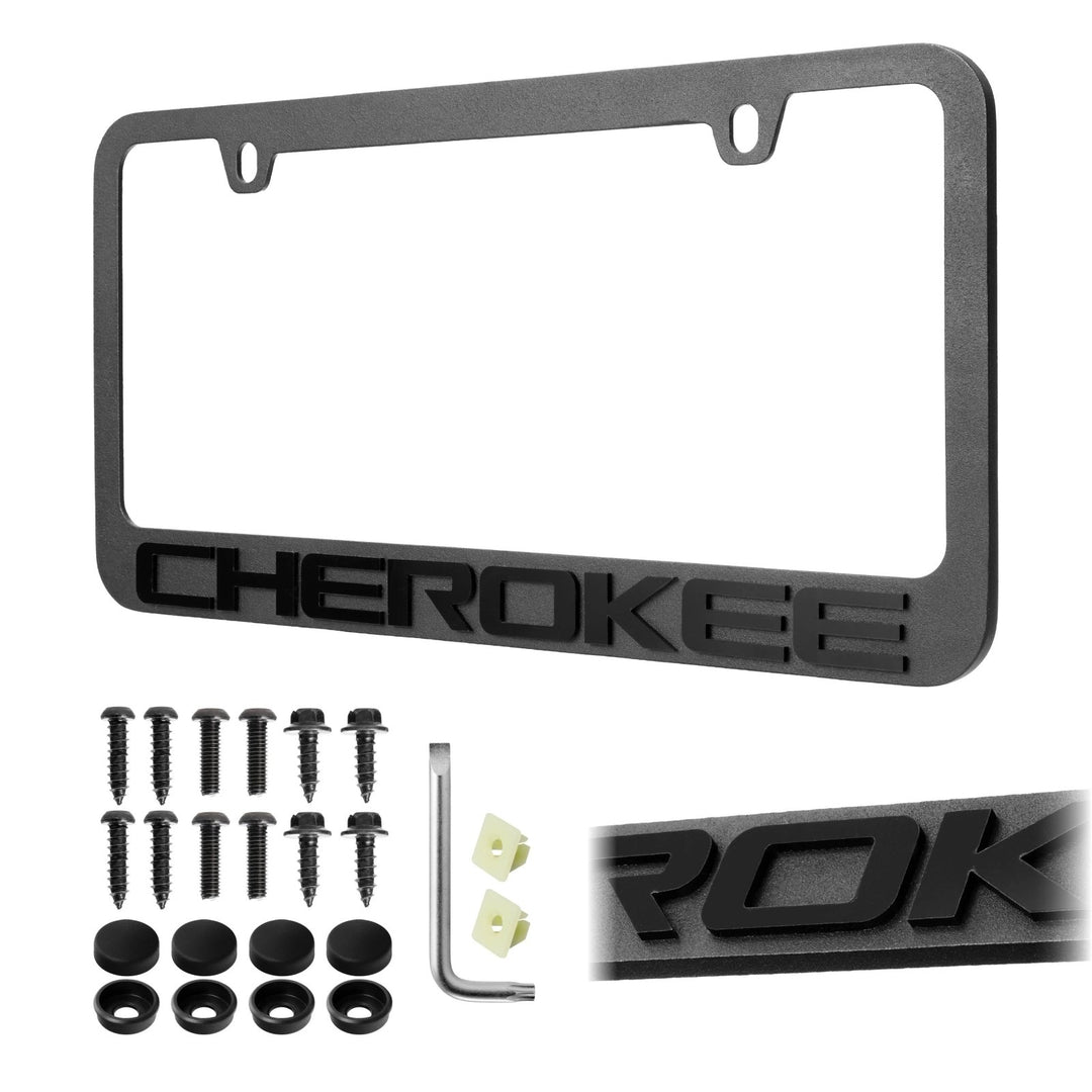 Jeep Cherokee Stealth Black Powder Coat License Plate Frame with 3D Raised Letters