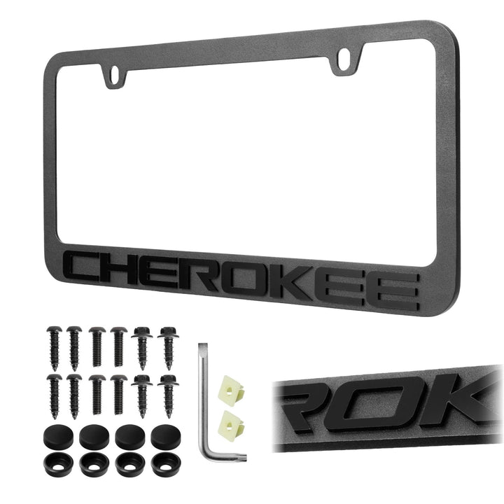 Jeep Cherokee Stealth Black Powder Coat License Plate Frame with 3D Raised Letters