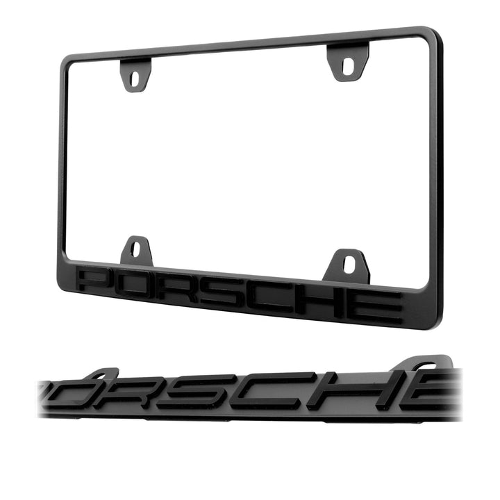 Porsche Models Stealth Matte Black Powder Coat License Plate Frame with 3D Raised Black or Silver Letters
