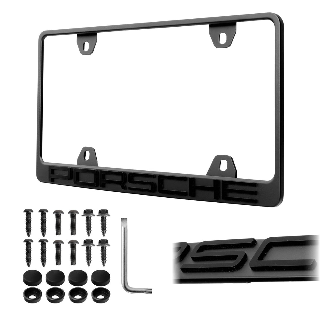 Porsche Models Stealth Black or Silver Powder Coat License Plate Frame with 3D Raised Letters