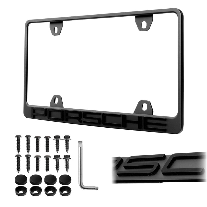 Porsche Models Stealth Black or Silver Powder Coat License Plate Frame with 3D Raised Letters