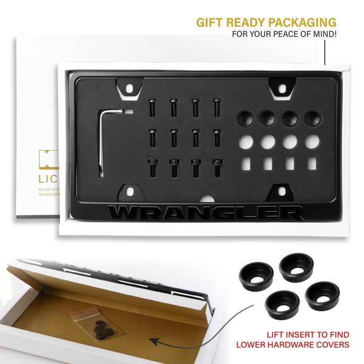 1987 - 2025 Jeep Wrangler SUV Stealth Black Powder Coat License Plate Frame with 3D Raised Letters