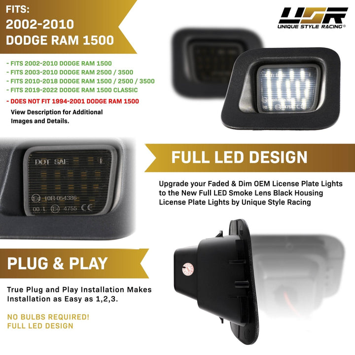 2002 - 2022 Dodge Ram Pickup Truck White LED Smoke Lens License Plate Lights