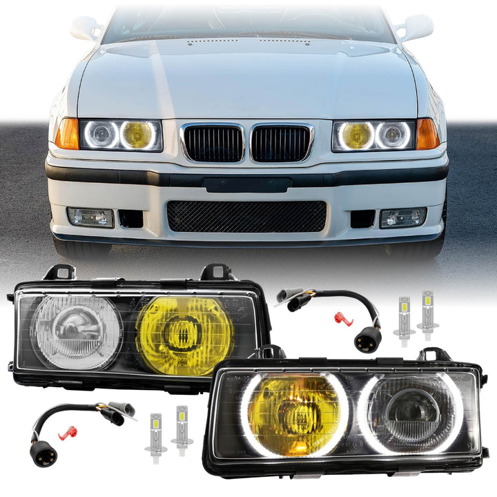 1992 - 1999 BMW E36 3 Series Yellow High Clear Low Glass Lens Hella Euro Ellipsoid Projector Headlight

#optional-items_headlight-with-led-bulbs-and-angel-eye-rings