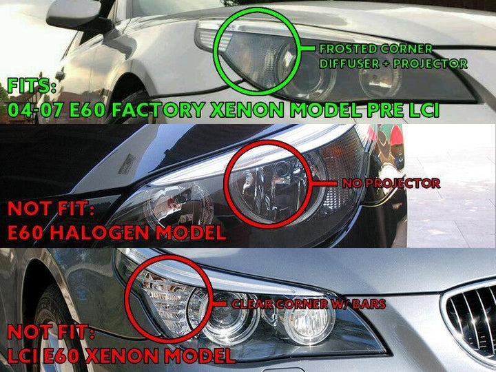 2004 - 2007 BMW 5 Series E60/E61 Projector V3 F30 Style Square Bottom Angel Eye White LED Halo U Rings Projector Headlight For Factory Xenon Model