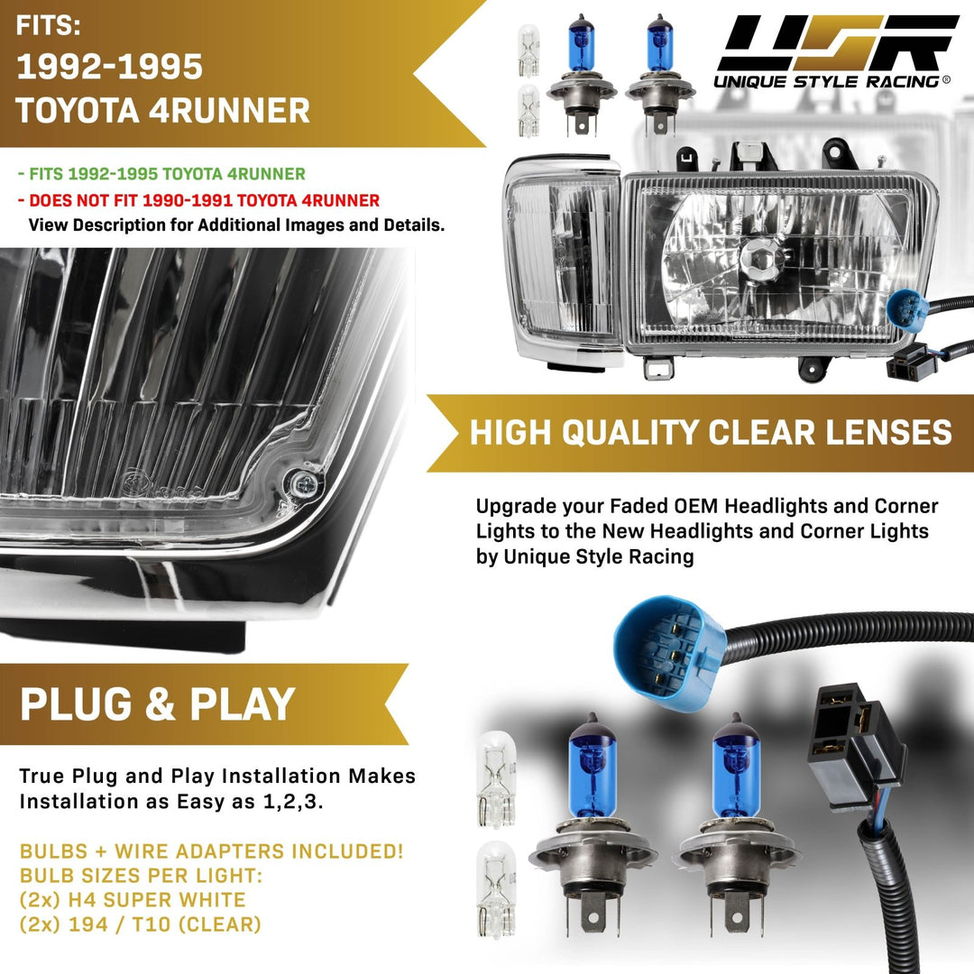 1992-1995 Toyota 4Runner Euro Style Chrome Housing Crystal Style Glass Lens Headlights with Clear Lens Corner Lights