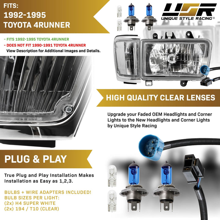 1992-1995 Toyota 4Runner Euro Style Chrome Housing Crystal Style Glass Lens Headlights with Clear Lens Corner Lights