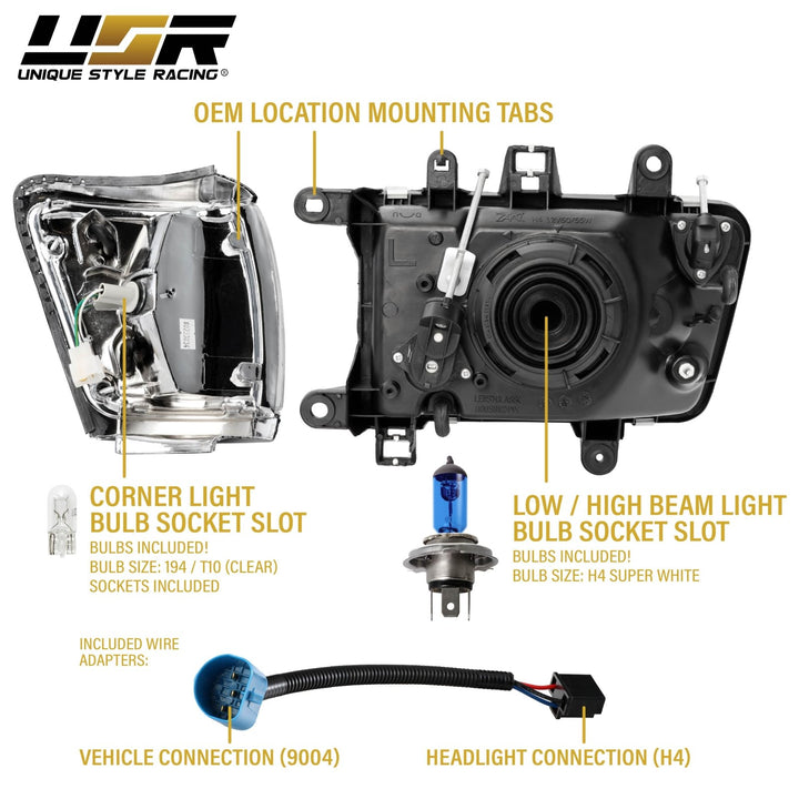 1992-1995 Toyota 4Runner Euro Style Chrome Housing Crystal Style Glass Lens Headlights with Clear Lens Corner Lights