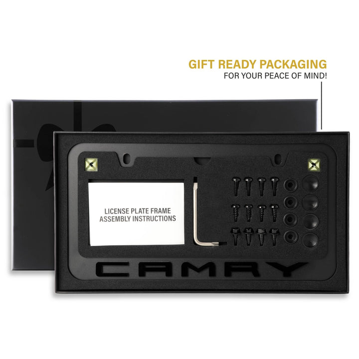 Toyota Camry Stealth Black Powder Coat License Plate Frame with 3D Raised Letters