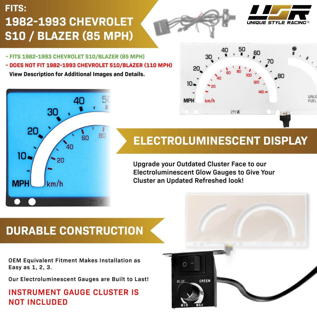 1982-1993 Chevrolet Chevy S10 85 MPH White Face Blue/Green Glow Gauge Face for Instrument Cluster