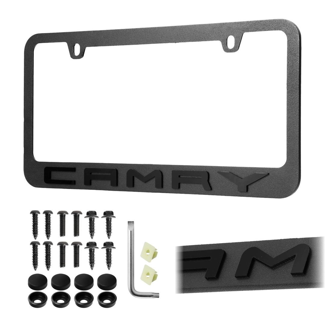 Toyota Camry Stealth Black Powder Coat License Plate Frame with 3D Raised Letters