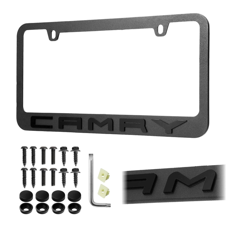 Toyota Camry Stealth Black Powder Coat License Plate Frame with 3D Raised Letters