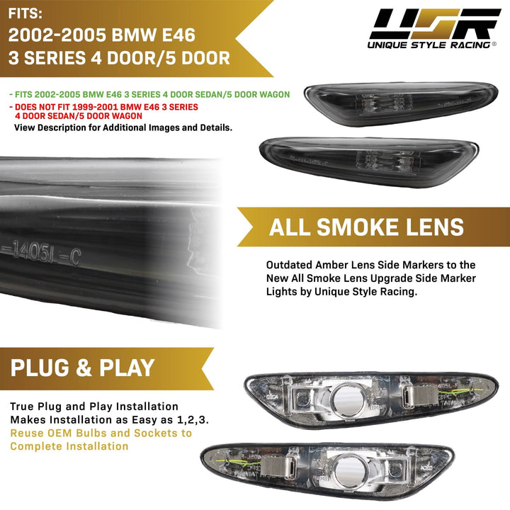 2002-2005 BMW 3 Series E46 4D/5D Clear or Smoke Fender Side Marker Light

#lens-color_dark-smoke-lens
