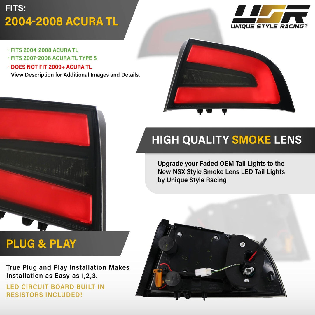 2004 - 2008 Acura TL NSX Style Black Housing Smoke Lens Red Diffuser LED Light Bar Tail Light