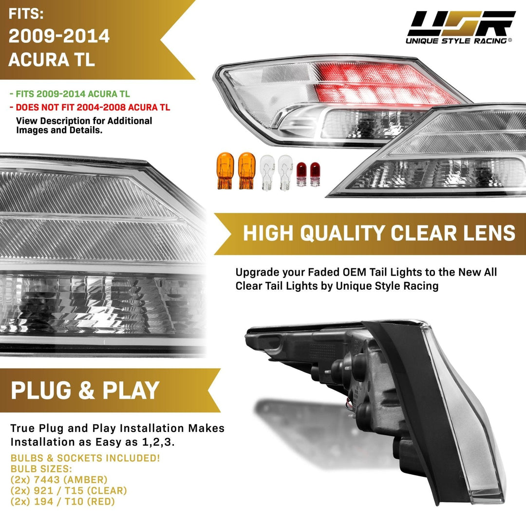 2009 - 2014 Acura TL UA8/UA9 All Clear Lens Built In Red LED Tail Lights