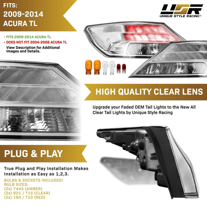 2009 - 2014 Acura TL UA8/UA9 All Clear Lens Built In Red LED Tail Lights
