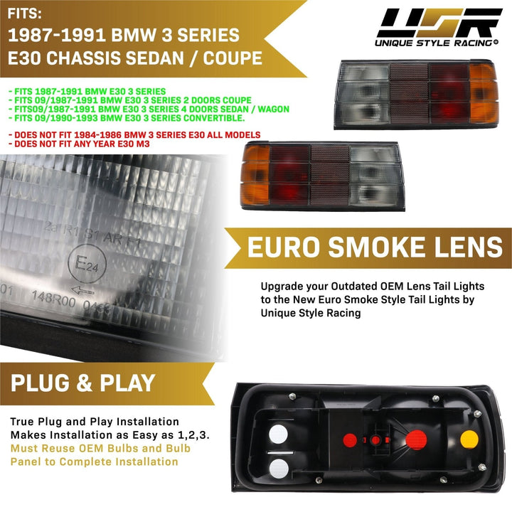1987 - 1991 BMW E30 2D /4D / Cabrio Euro OE Frosted Smoked OR Red / Smoke Lens Tail Lights