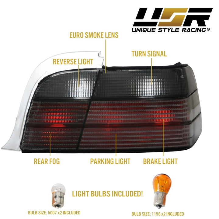 1992 - 1999 BMW E36 3 Series 2D Coupe / Cabrio M3 Euro Smoke Grey Clear Tail Lights