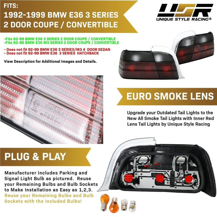 1992 - 1999 BMW E36 3 Series 2D Coupe / Cabrio M3 Euro Smoke Grey Clear Tail Lights