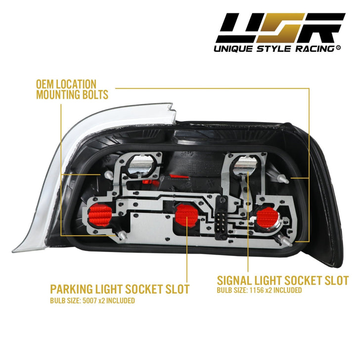 1992 - 1999 BMW E36 3 Series 2D Coupe / Cabrio M3 Euro Smoke Grey Clear Tail Lights