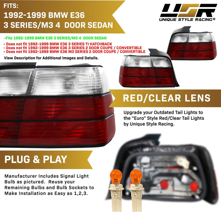 1992-1998 BMW E36 3 Series 4D Sedan Euro OEM Style Red/Clear or Red/Smoke or Full Smoke Rear Tail Light

#lens-color_red-clear-lens