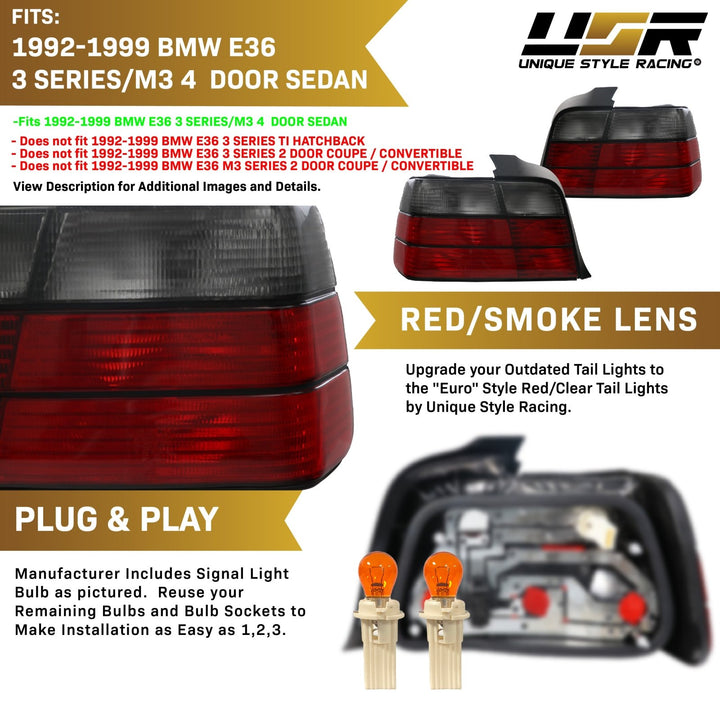 1992-1998 BMW E36 3 Series 4D Sedan Euro OEM Style Red/Clear or Red/Smoke or Full Smoke Rear Tail Light

#lens-color_red-smoke-lens