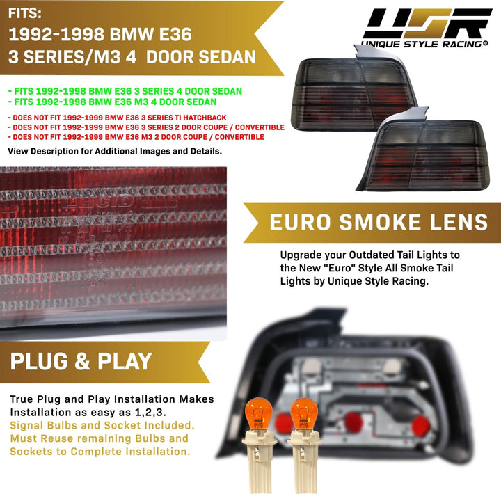 1992-1998 BMW E36 3 Series 4D Sedan Euro OEM Style Red/Clear or Red/Smoke or Full Smoke Rear Tail Light

#lens-color_all-smoke-lens