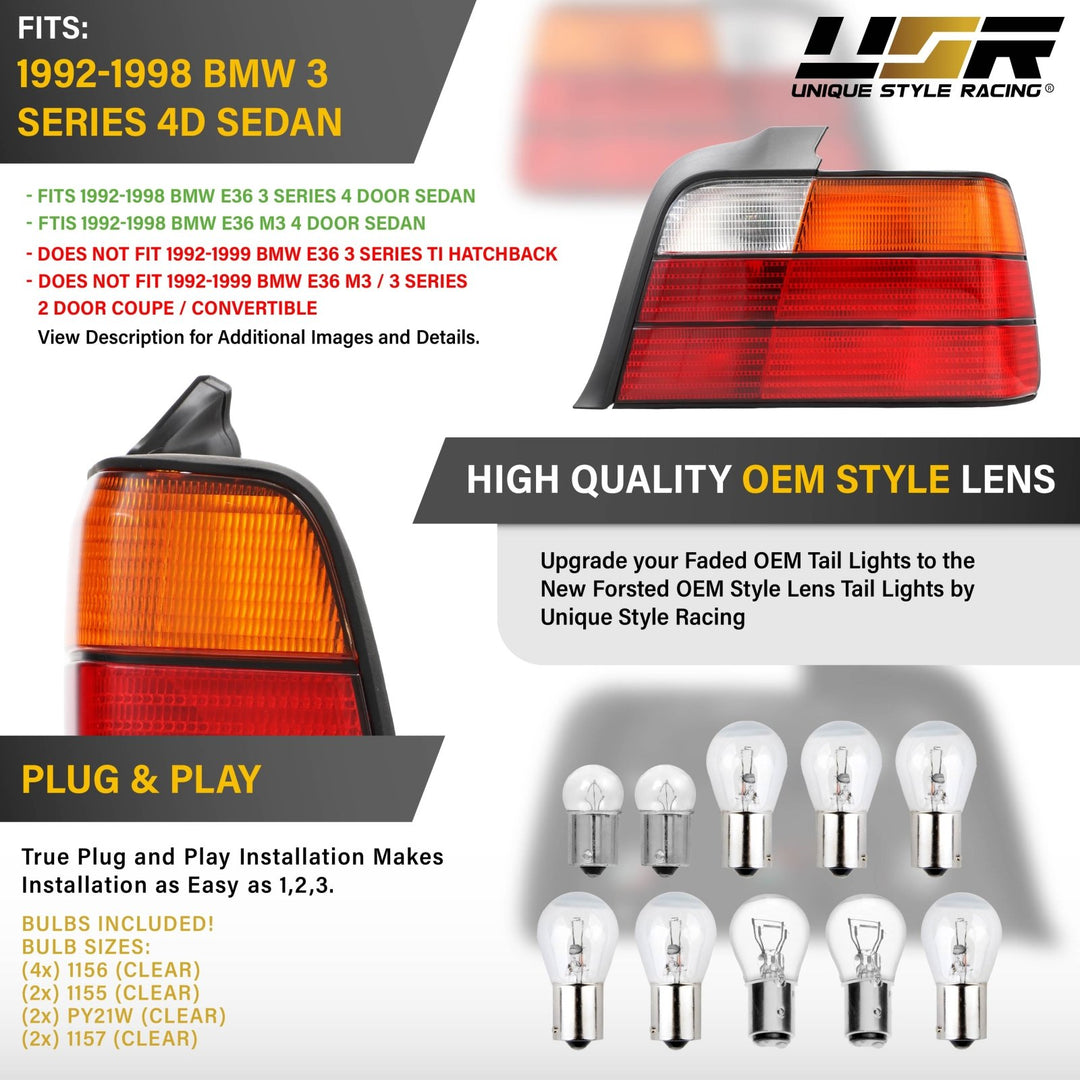1992 1993 1994 1995 1996 1997 1998 BMW E36 E 36 3 Series M3 M 3 4D 4 D Door Sedan Red Amber Lens AM After Market Aftermarket Original Replacement Tail Lights

#fit-type_set