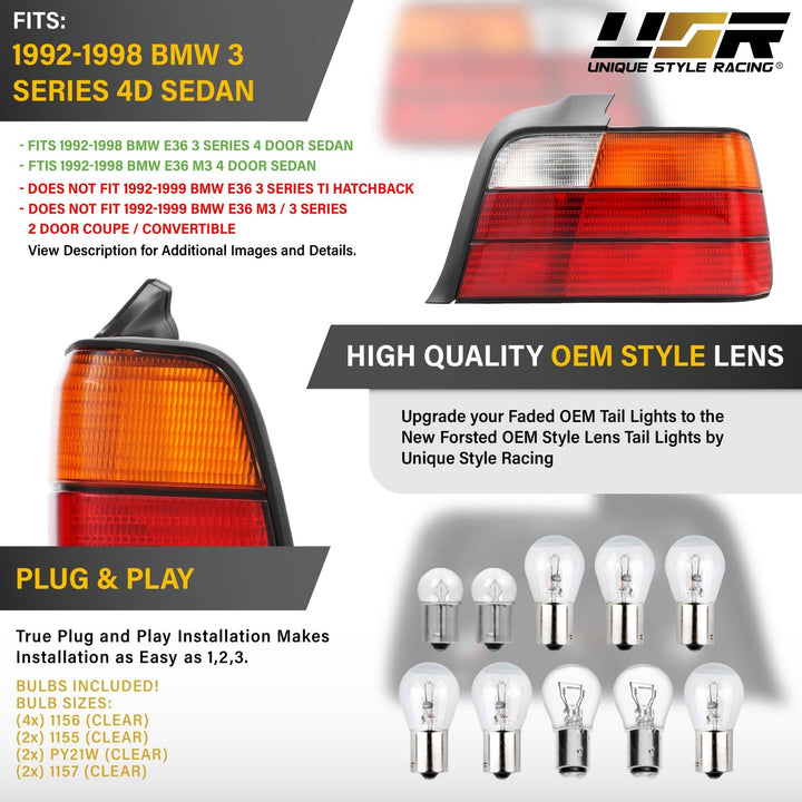 1992 1993 1994 1995 1996 1997 1998 BMW E36 E 36 3 Series M3 M 3 4D 4 D Door Sedan Red Amber Lens AM After Market Aftermarket Original Replacement Tail Lights

#fit-type_set
