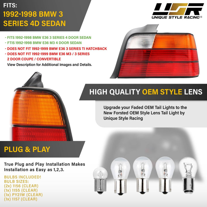 1992 1993 1994 1995 1996 1997 1998 BMW E36 E 36 3 Series M3 M 3 4D 4 D Door Sedan Red Amber Lens AM After Market Aftermarket Original Replacement Tail Lights

#fit-type_passenger-right