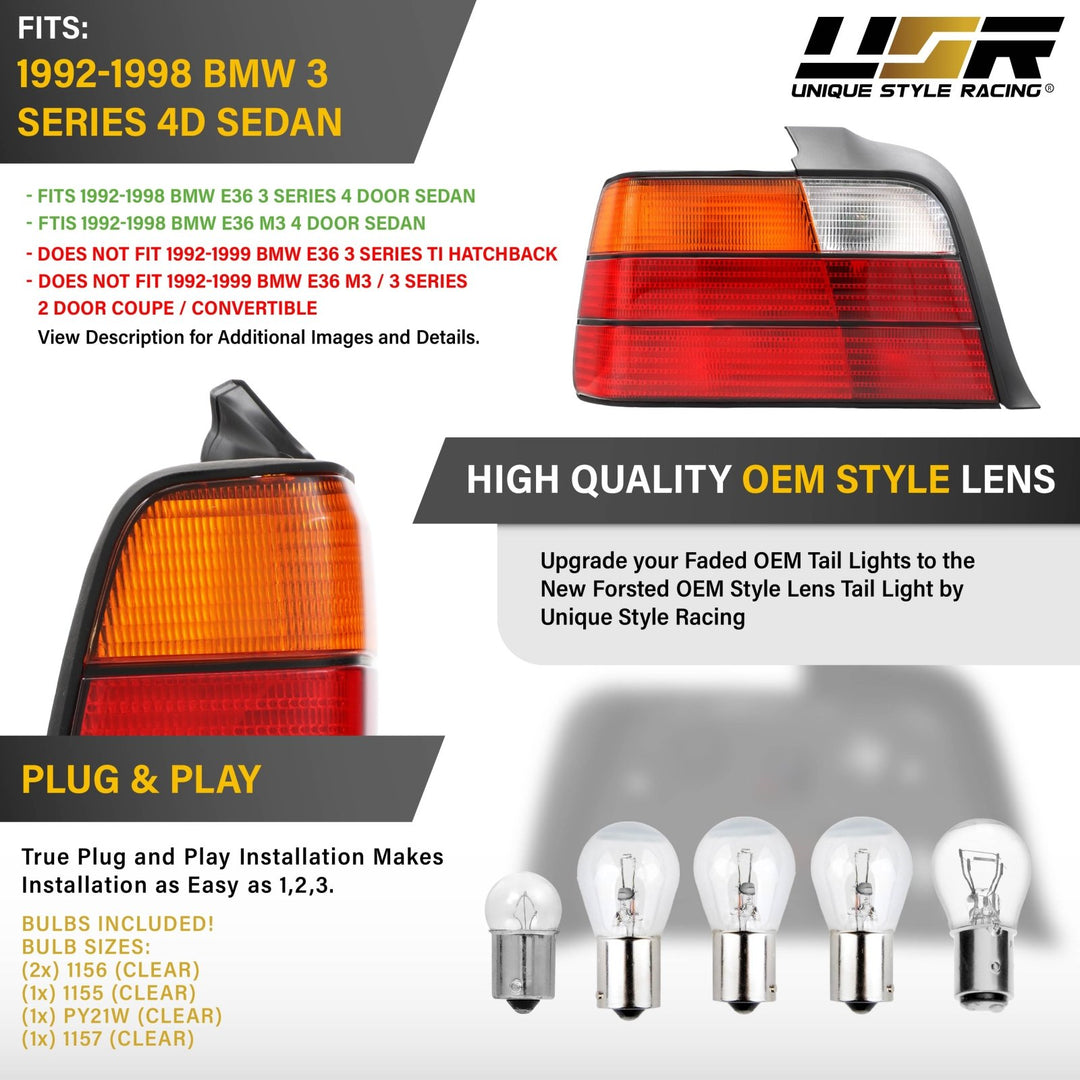 1992 1993 1994 1995 1996 1997 1998 BMW E36 E 36 3 Series M3 M 3 4D 4 D Door Sedan Red Amber Lens AM After Market Aftermarket Original Replacement Tail Lights

#fit-type_driver-left