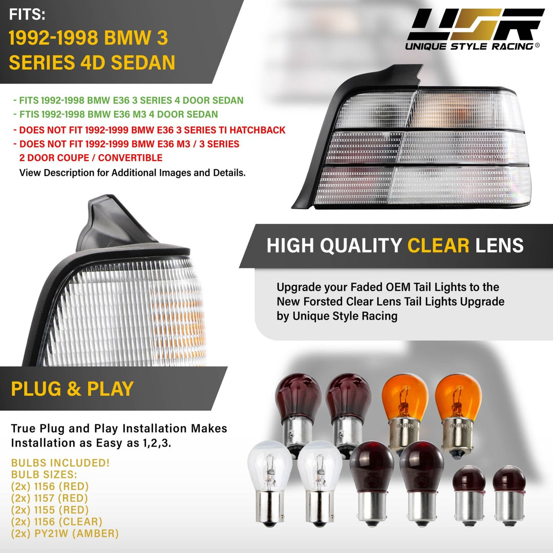 1992-1998 BMW E36 3 Series & M3 4D Sedan All Clear Frosted Lens Tail Lights