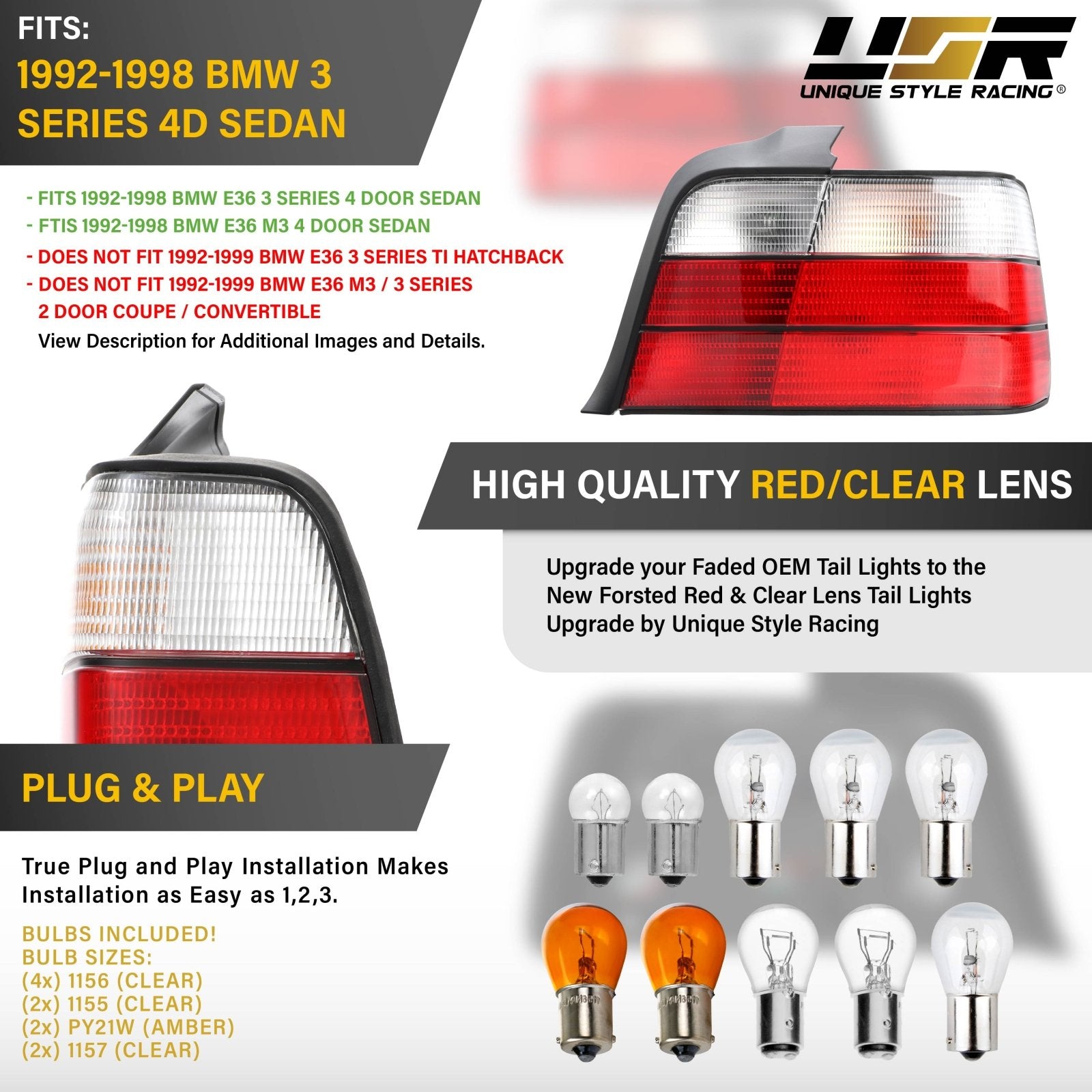 1992-1998 BMW E36 3 Series & M3 4D Sedan Red / Clear Lens Tail