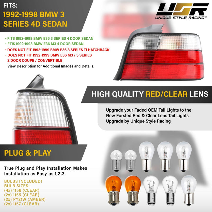 1992 - 1998 BMW E36 3 Series & M3 4D Sedan Red / Clear Lens Tail Lights