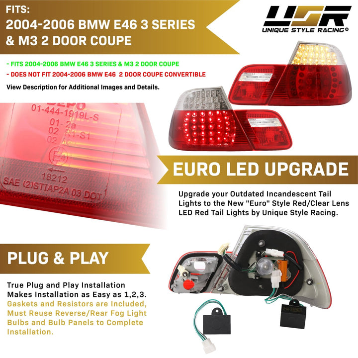 2004-2006 BMW E46 3 Series 2D Coupe Red/Clear OR Red/Smoke LED Tail Light

#lens-color_red-clear-lens