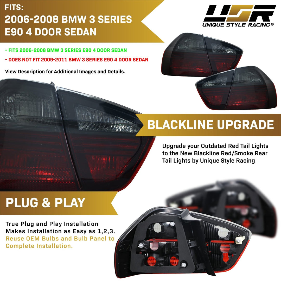 2006 - 2008 BMW 3 Series E90 4 Door Sedan Euro OEM Style Blackline Red/Smoke Lens Tail Light