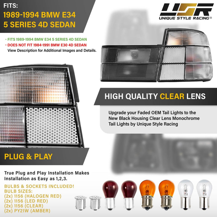 1989 1990 1991 1992 1993 1994 BMW E34 5 Series 4D All Clear, Monochrome, Red Clear, or Smoke Lens Tail Lights

#lens-color_monochrome