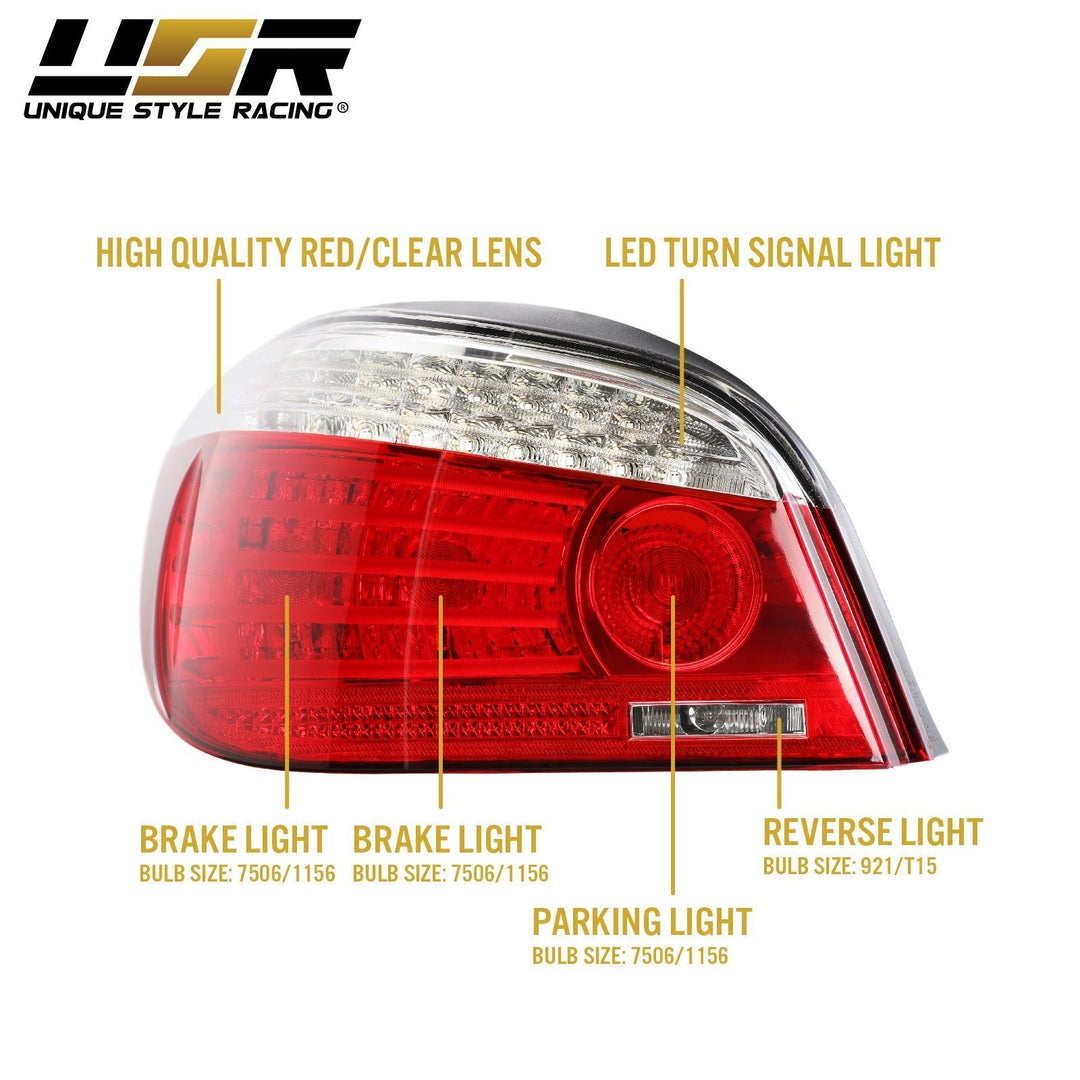 Red LED Tail Lights For 2004-2007 BMW E60 5-Series (525i, 530i) - Chrome Housing, DOT/SAE Certified