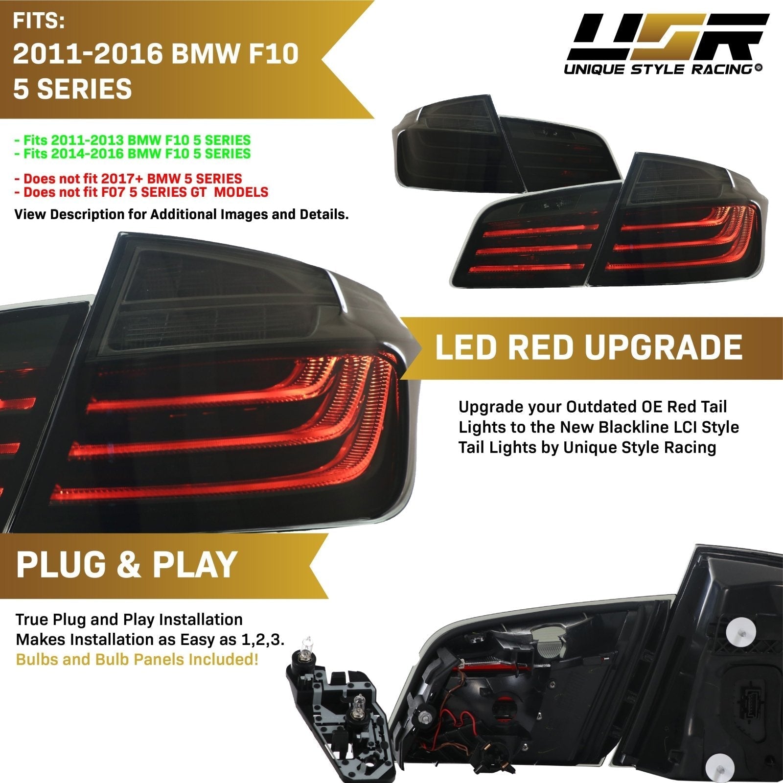 2011-2016 BMW F10 5 Series 4D Sedan OEM LCI Blackline Style Smoke