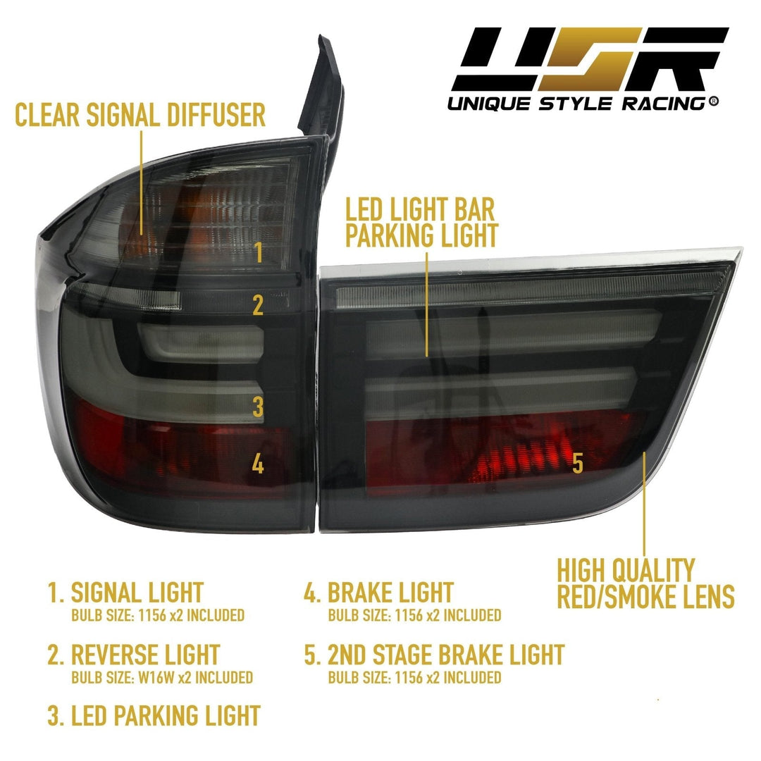 2007 - 2013 BMW E70 X5 OEM LCI Facelift Style Light Bar LED Smoke or Red/Clear Rear Tail Light Set