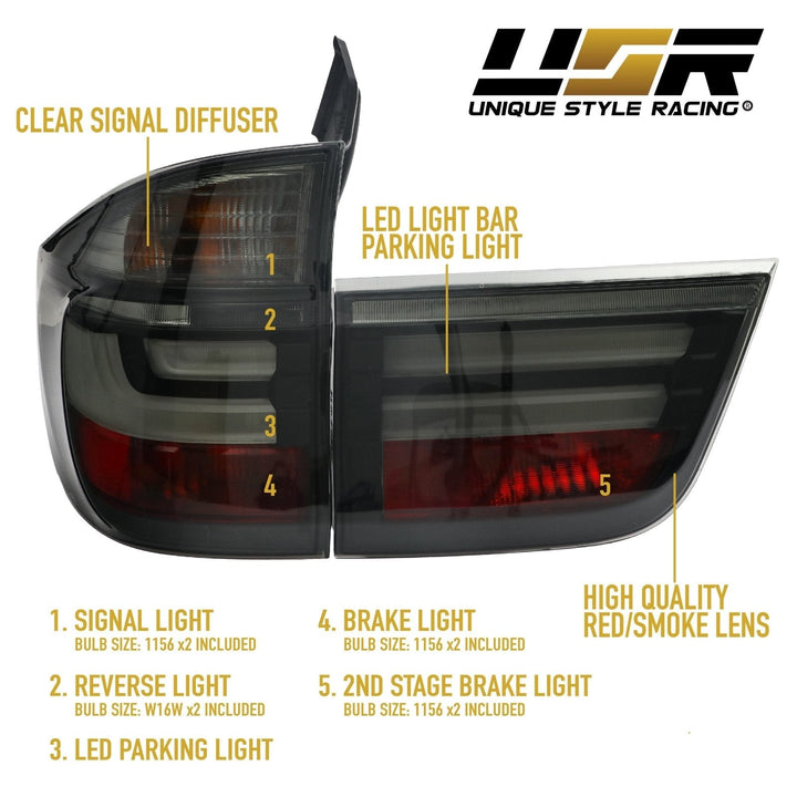 2007 - 2013 BMW E70 X5 OEM LCI Facelift Style Light Bar LED Smoke or Red/Clear Rear Tail Light Set