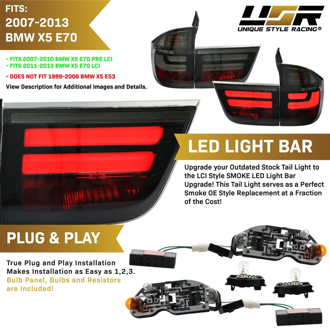 2007 - 2013 BMW E70 X5 OEM LCI Facelift Style Light Bar LED Smoke or Red/Clear Rear Tail Light Set
