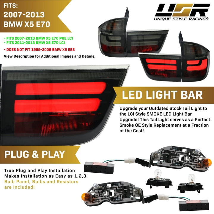 2007 - 2013 BMW E70 X5 OEM LCI Facelift Style Light Bar LED Smoke or Red/Clear Rear Tail Light Set