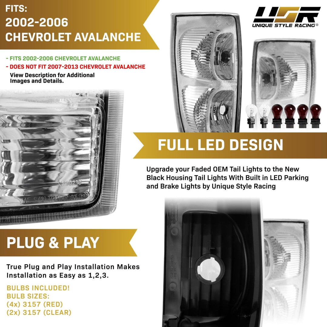 LED Tail Light Brake Lamps For Chevy Avalanche 1500/2500 2002-2006 – Clear Lens Black Housing